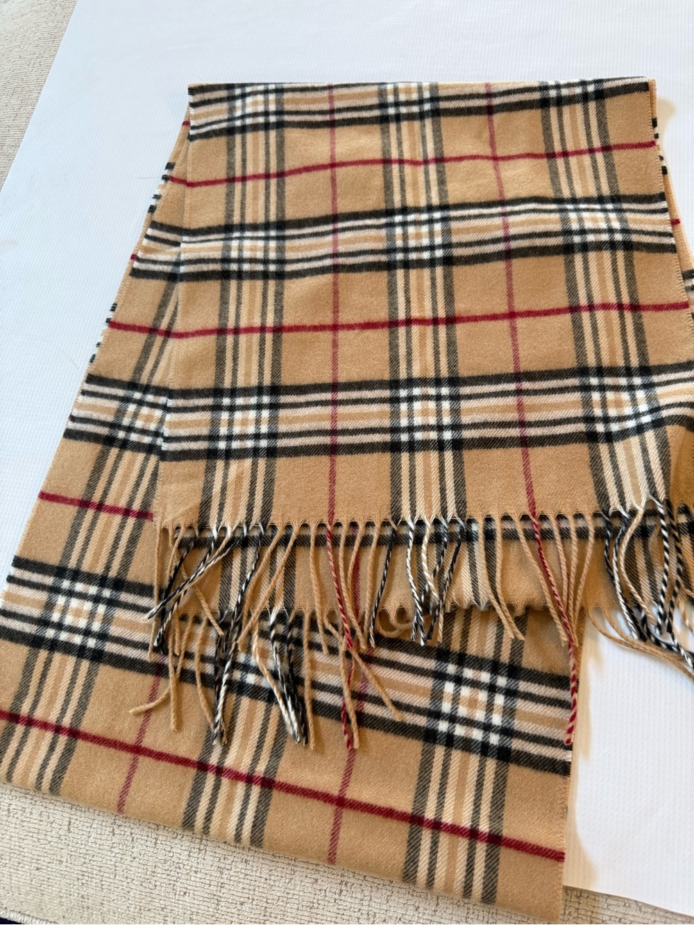 V. FRAAS Beige Plaid Fringed Scarf with Black, White & Red Checks nwot